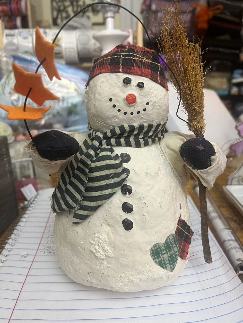VTG Folk Art Rustic 61/2” snowman with stars rustic cabin winter snowman 735